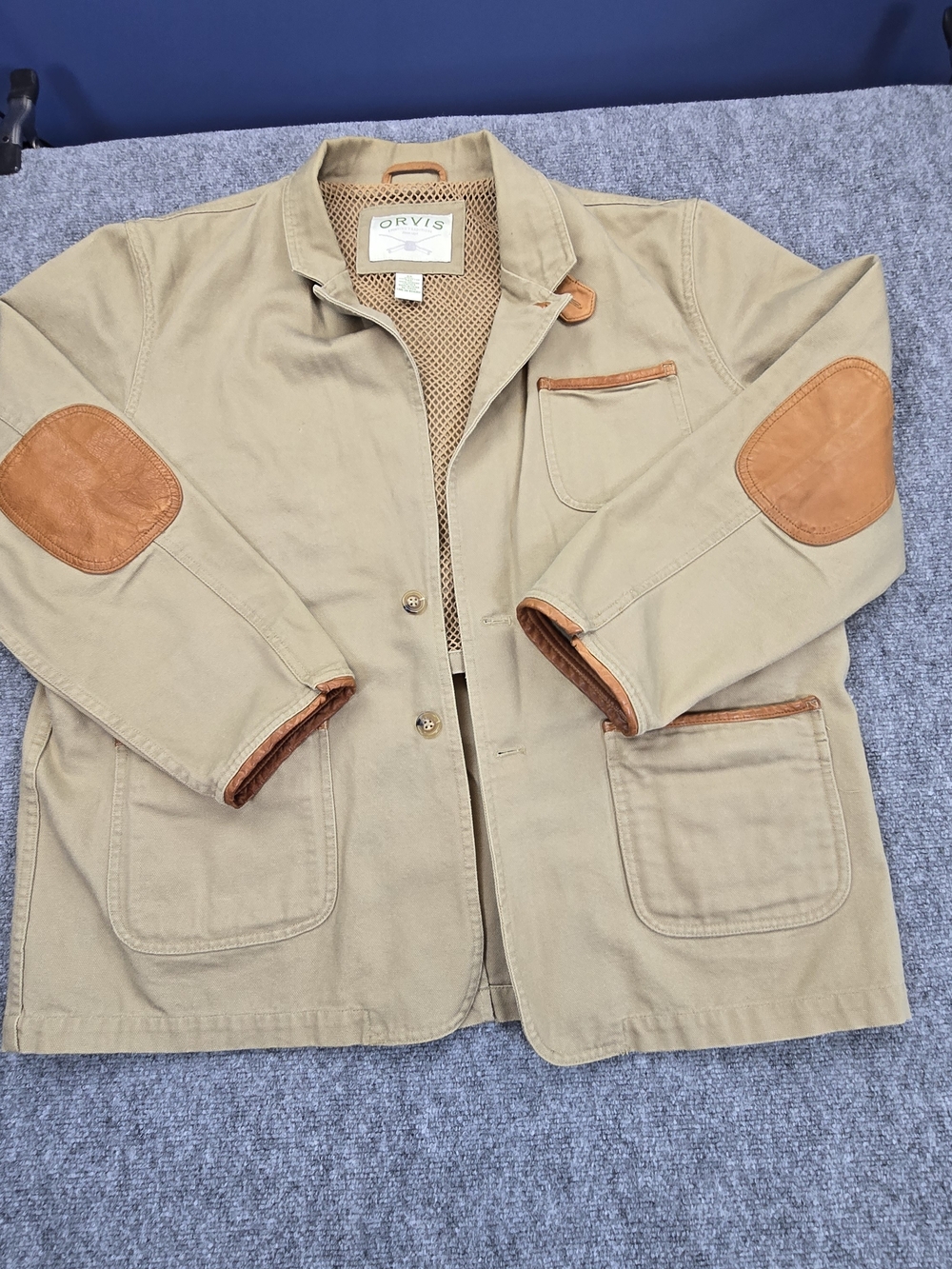 Orvis Men's Tan Canvas Field Jacket 48 Leather Elbow Patches Cotton Barn Coat
